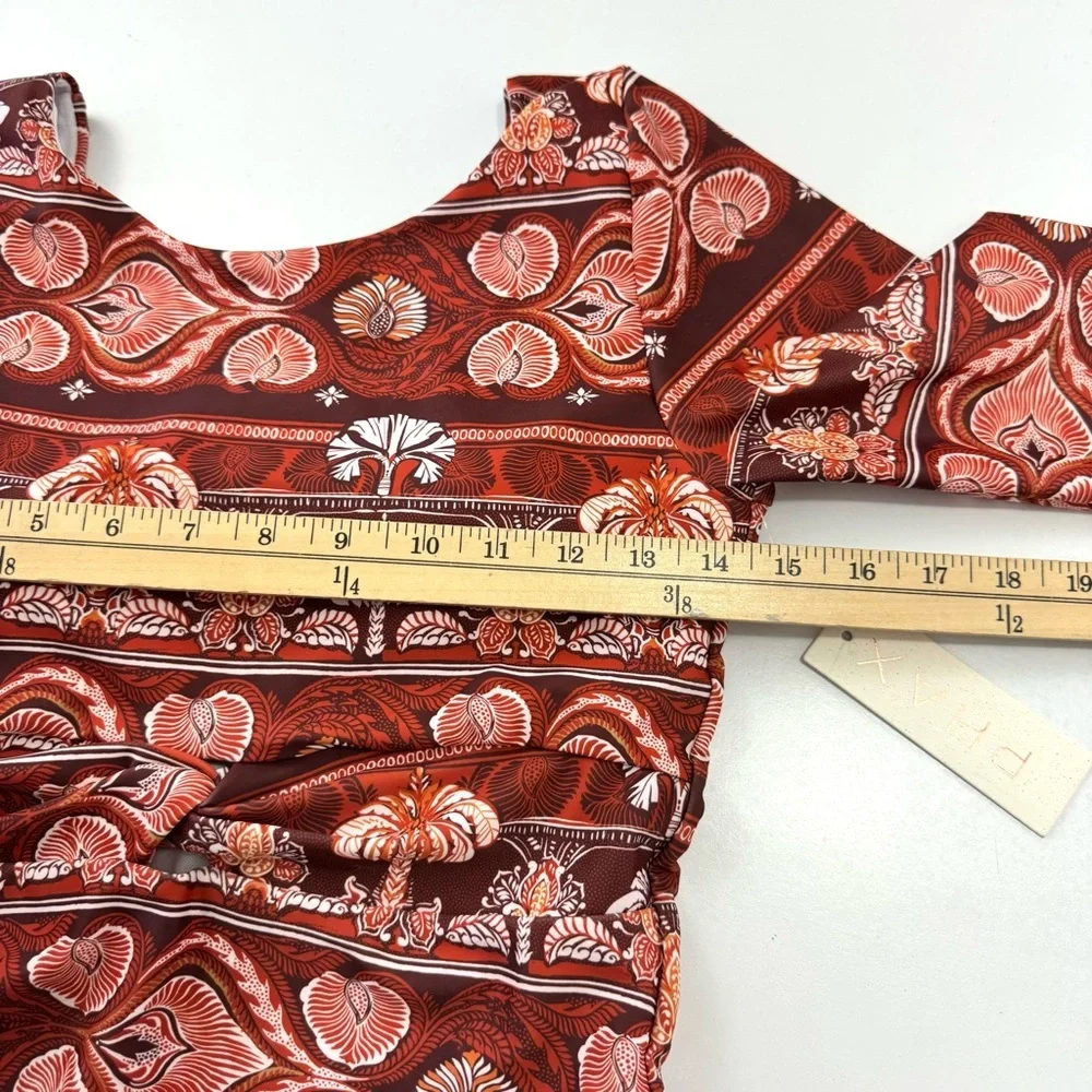 NWT Phax Sz M One Piece Printed Swimsuit Front Twist Stretch Long Sleeve Orange